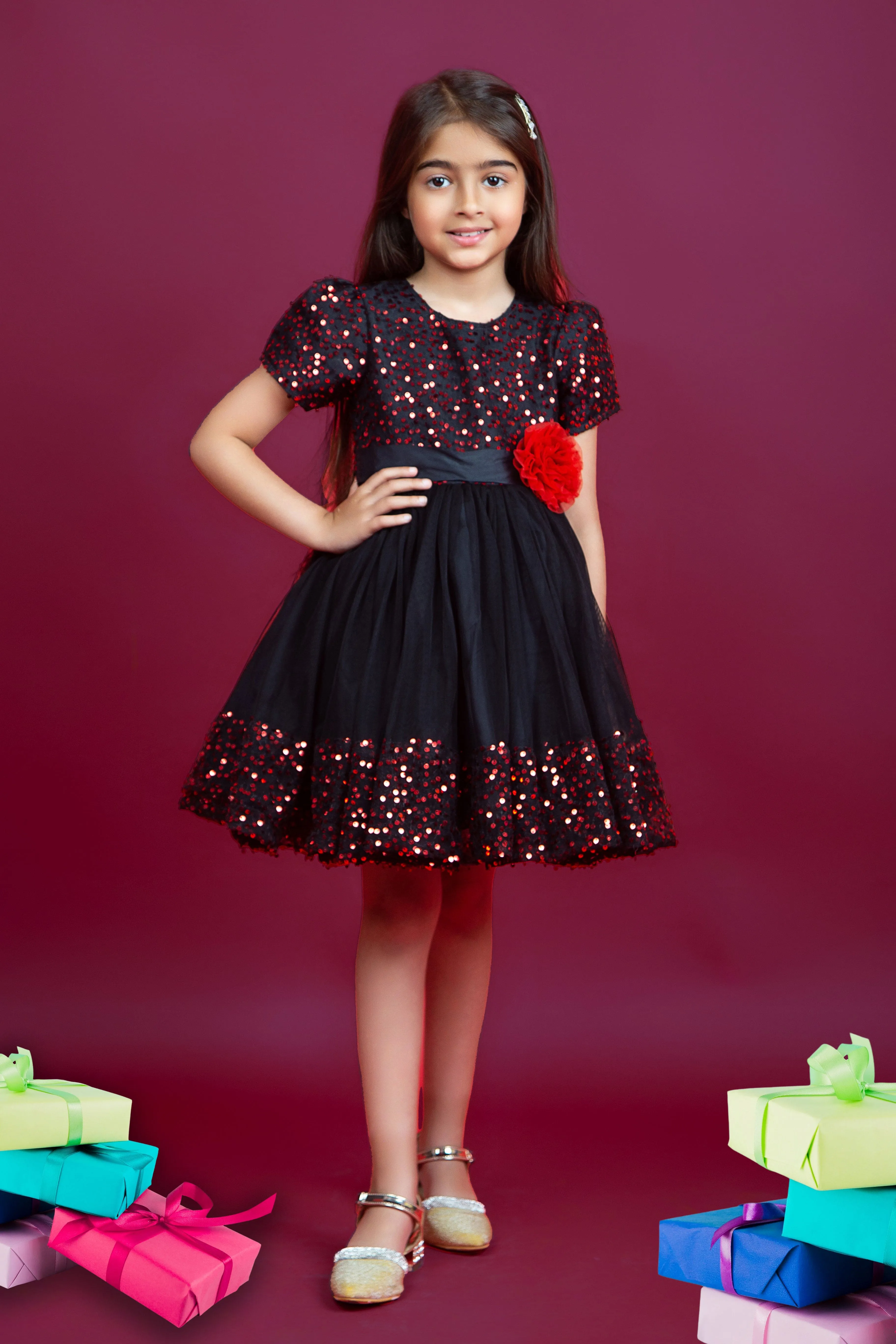 Black net dress embellished with red sequence