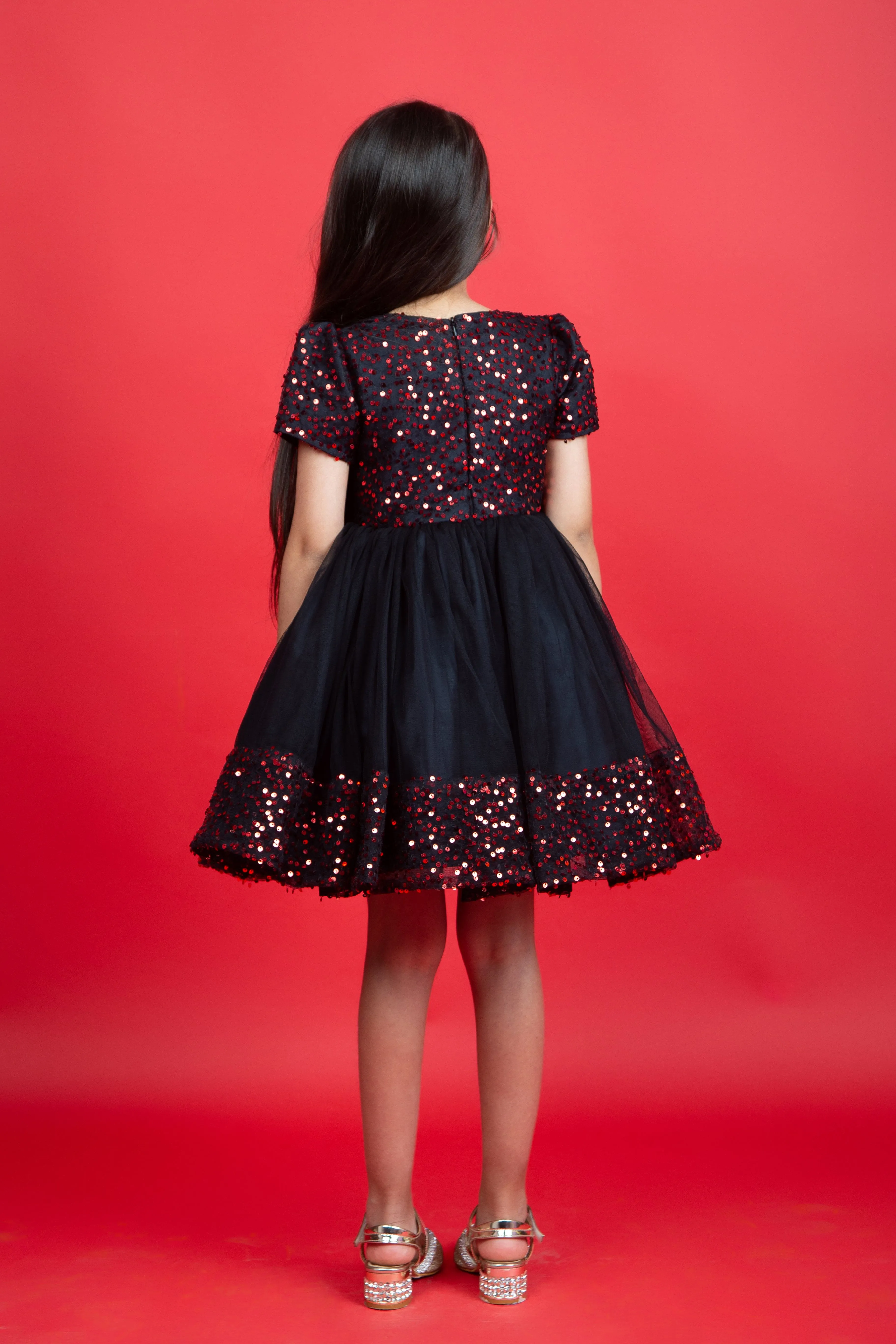 Black net dress embellished with red sequence