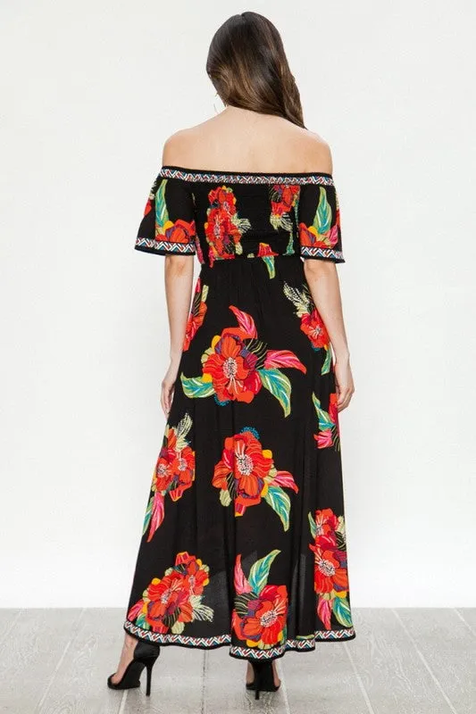 Black Smocked Strapless Floral Dress