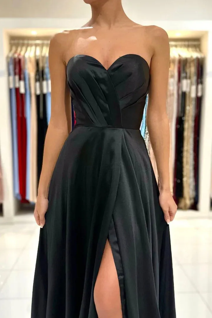 Black Strapless Satin Long Prom Dress, A Line Black Evening Dress with Slit