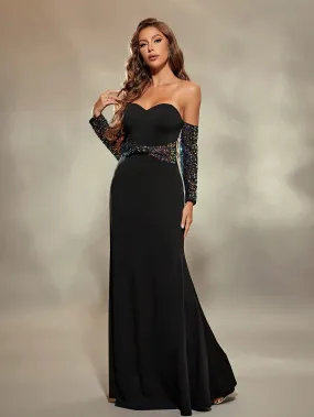 Black Sweetheart Neckline Glitter Maxi Party Dress