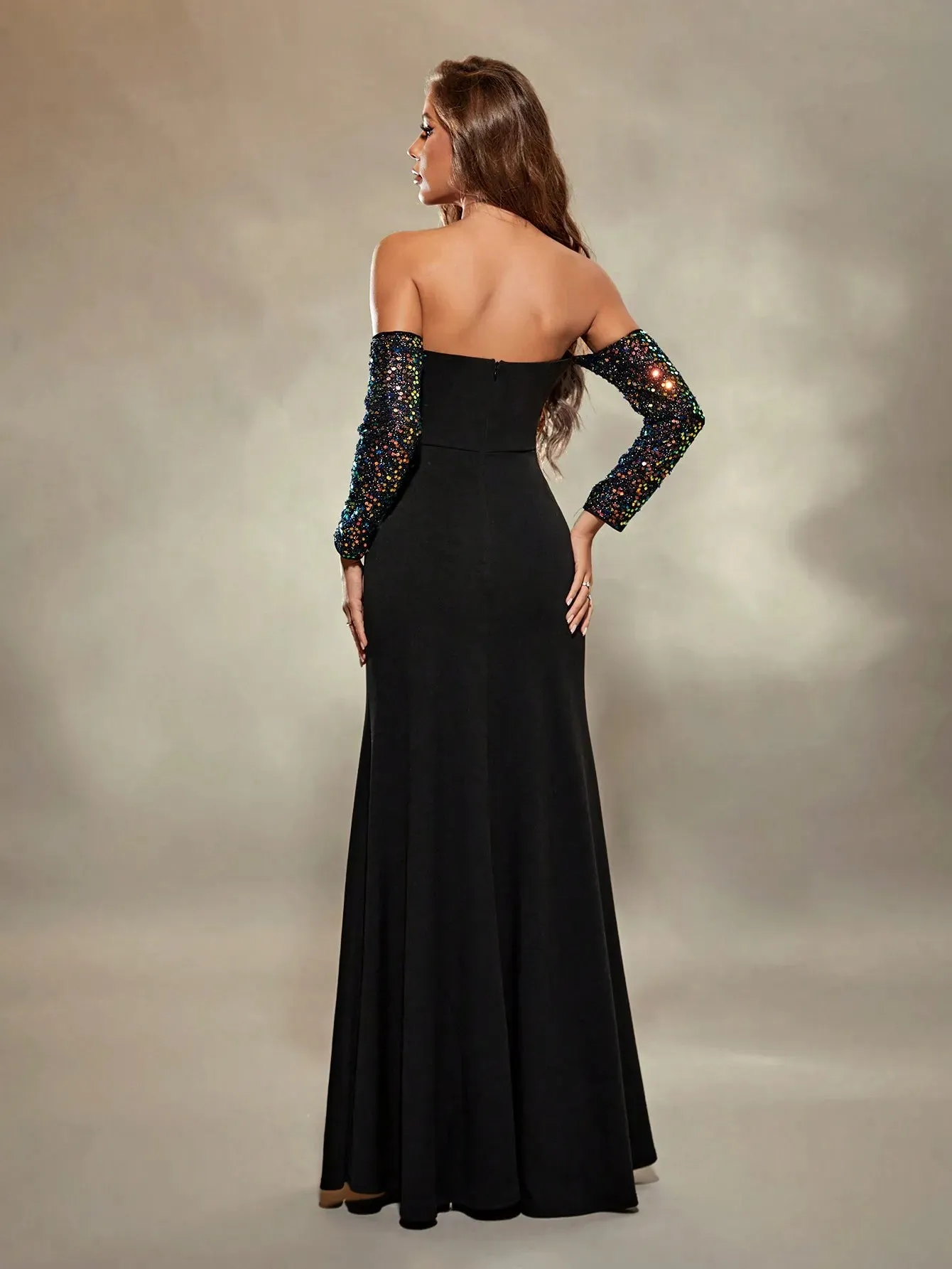 Black Sweetheart Neckline Glitter Maxi Party Dress