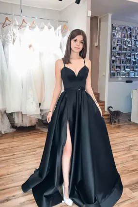 Black sweetheart satin long prom dress black evening dress