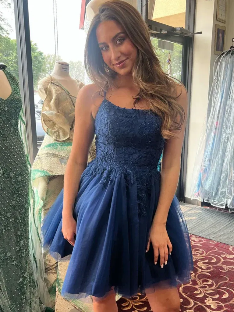 Blue Lace Tulle Short Prom Dresses, Short Blue Lace Tulle Formal Graduation Evening Homecoming Dresses