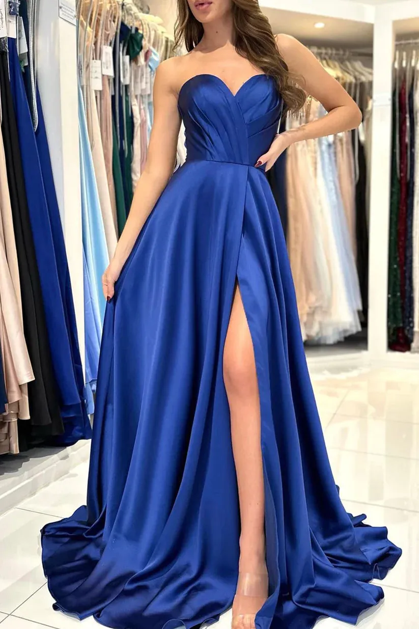 Blue Strapless Long Prom Dress, Simple A Line Sweetheart Evening Dress