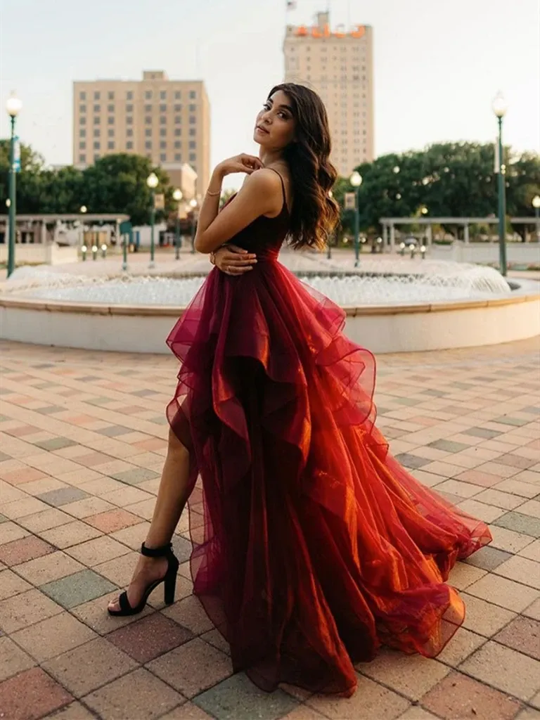 Burgundy High Low Prom Dresses, Wine Red High Low Formal Evening Dresses