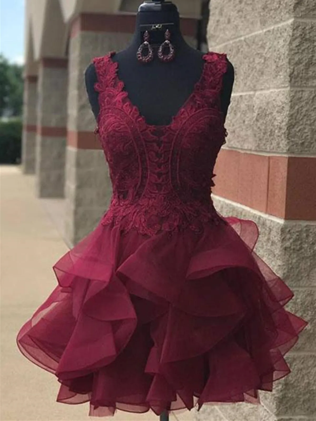 Burgundy Lace Cute Homecoming Dresses ,Burgundy Lace Short Prom Dresses