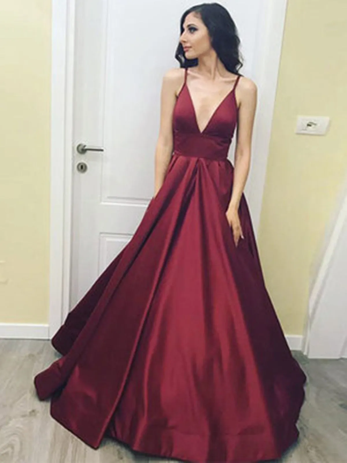 Burgundy V-Neck Satin Spaghetti Straps Prom Dresses, Sexy Formal Dresses