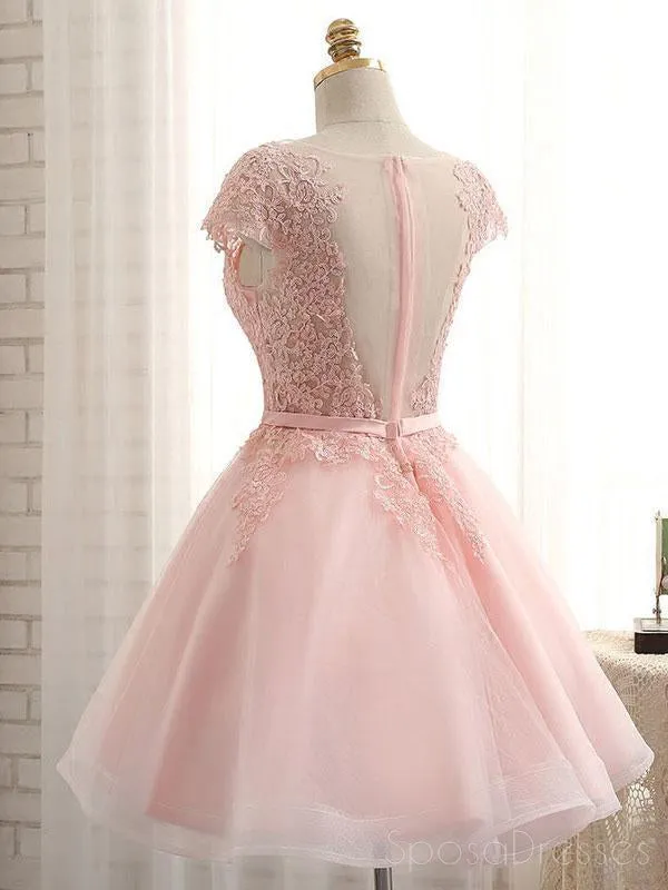 Cap Sleeve Pink Lace Beaded Tulle Short Homecoming Dresses, Cheap Homecoming Dresses, CM368