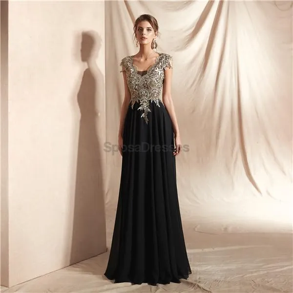 Cap Sleeves Applique Chiffon Evening Prom Dresses, Evening Party Prom Dresses, 12068