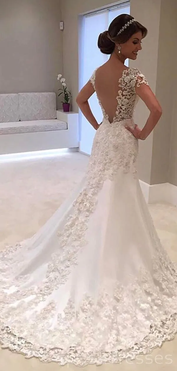 Cap Sleeves Lace Mermaid Wedding Dresses Online, Cheap Bridal Dresses, WD510