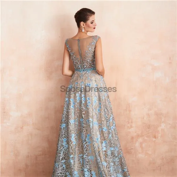 Cap Sleeves See Through Beaded A-line Long Evening Prom Dresses, Evening Party Prom Dresses, 12137