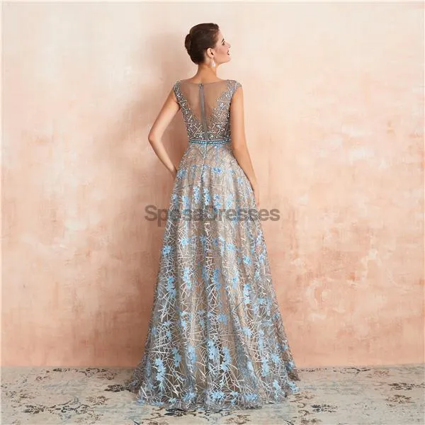 Cap Sleeves See Through Beaded A-line Long Evening Prom Dresses, Evening Party Prom Dresses, 12137