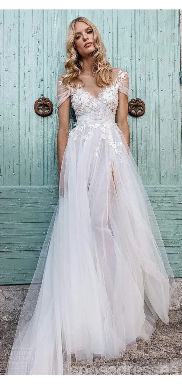 Cap Sleeves See Through Cheap Wedding Dresses, Sexy A-line Bridal Dresses, WD435