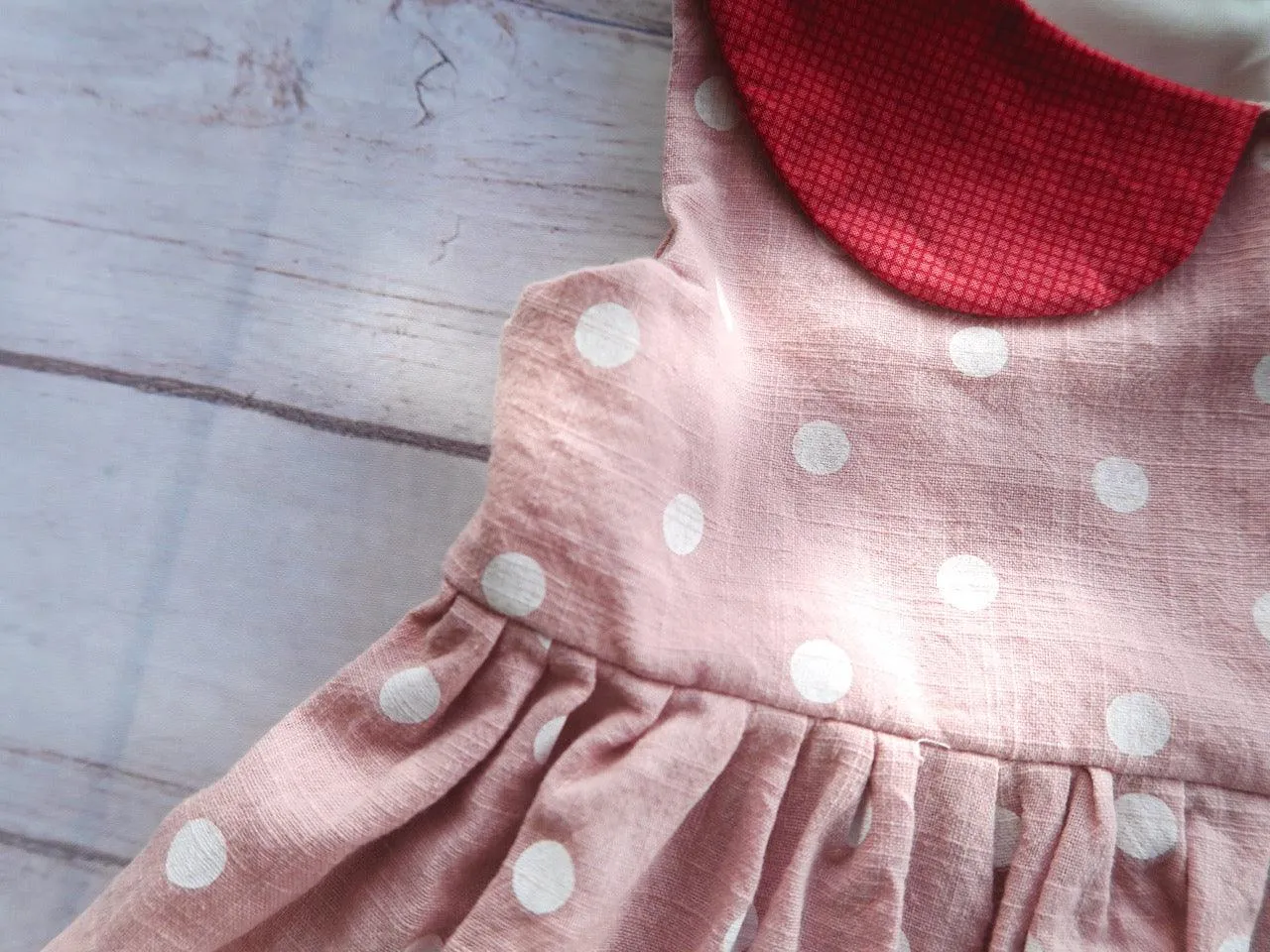 Carrie Dress in Pink Polka & Red Linen