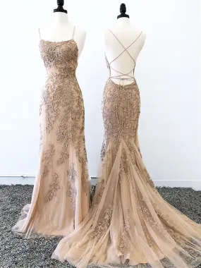 Champagne Backless Mermaid Lace Prom Dresses, Mermaid Champagne Lace Formal Graduation Evening Dresses