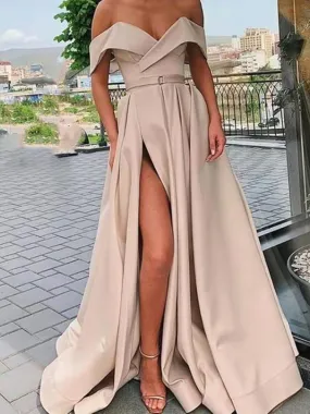 Champagne Off Shoulder Satin Long Prom Dresses With High Slit, Champagne Formal Dresses, Off The Shoulder Evening Dresses