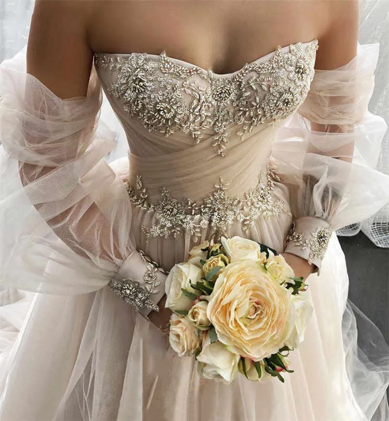 Champagne Sweetheart Strapless Tulle Wedding Dresses, Lace Up Prom Dress Evening Dresses SH553