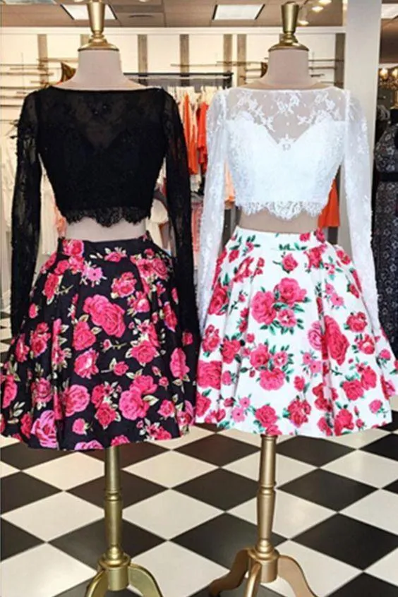 Charming 2 Pieces Long Sleeves Floral Lace Black/White Prom Dresses, Homecoming Dresses, Formal Dresses