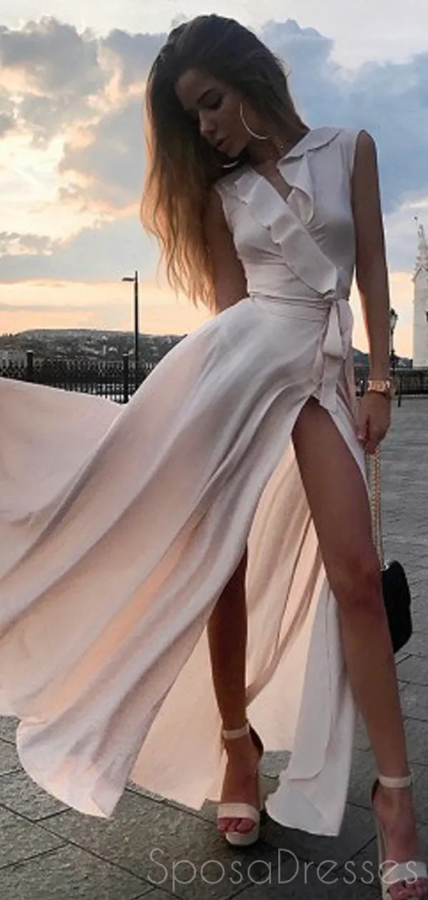 Chiffon A-line Sleeveless Side Slit Long Prom Dresses, Sweet 16 Prom Dresses, 12383