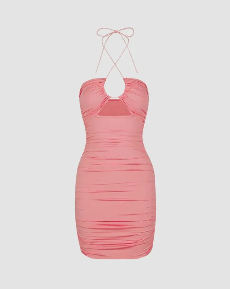 Clam Ruched Bodycon Halter Dress