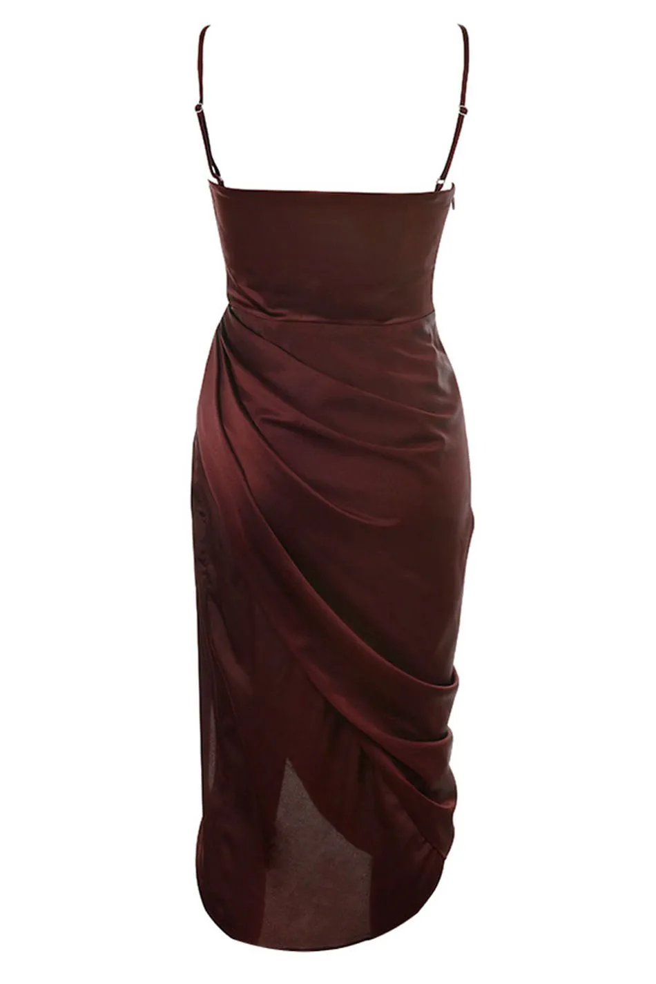 Cowl Neck Satin Slip Thigh Split Leg Midi Dress