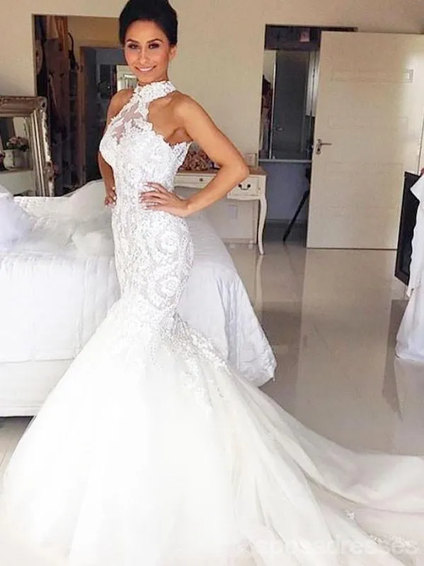 Custom Halter Lace Beaded Mermaid Cheap Wedding Dresses Online, WD422