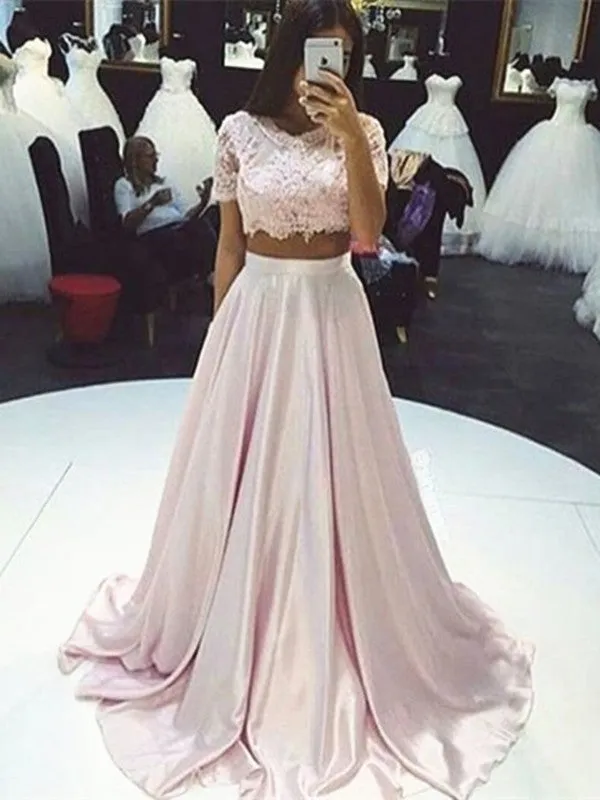 Custom Made 2 Pieces Pink Lace Prom Dresses, Pink Lace Formal Dresses