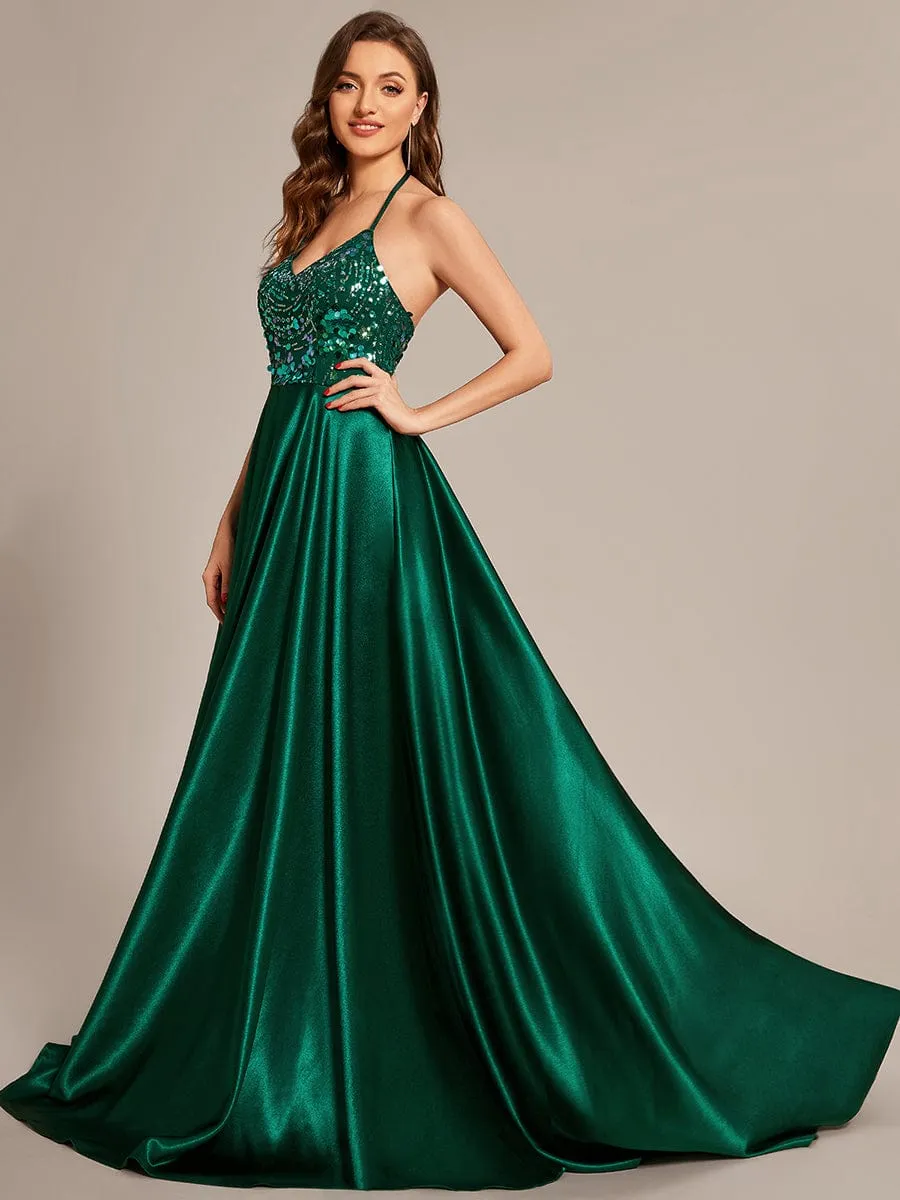 Custom Size V-neck Glitter Sequin Halter Long Prom Dress