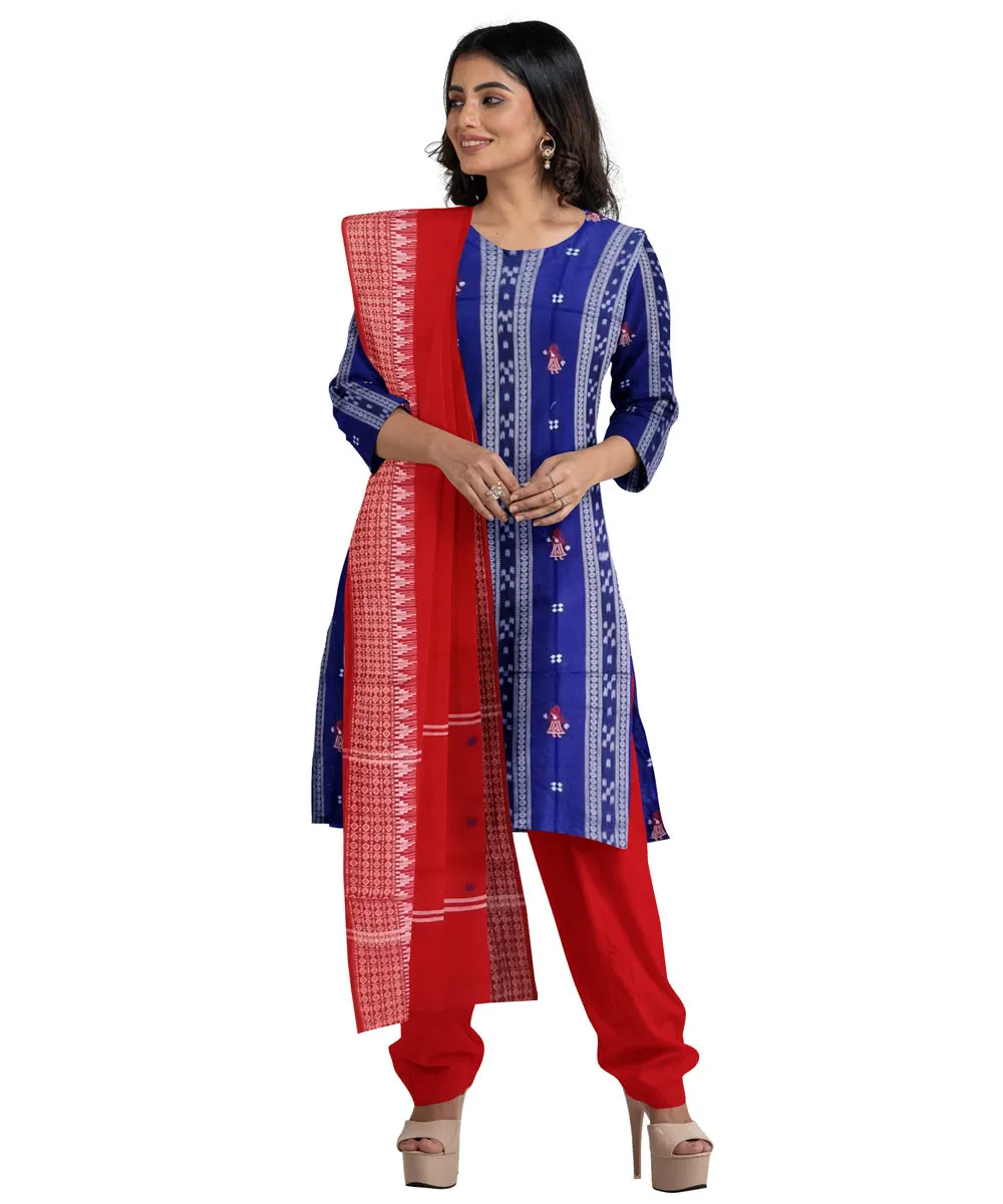 Dark blue red handwoven cotton nuapatna dress material