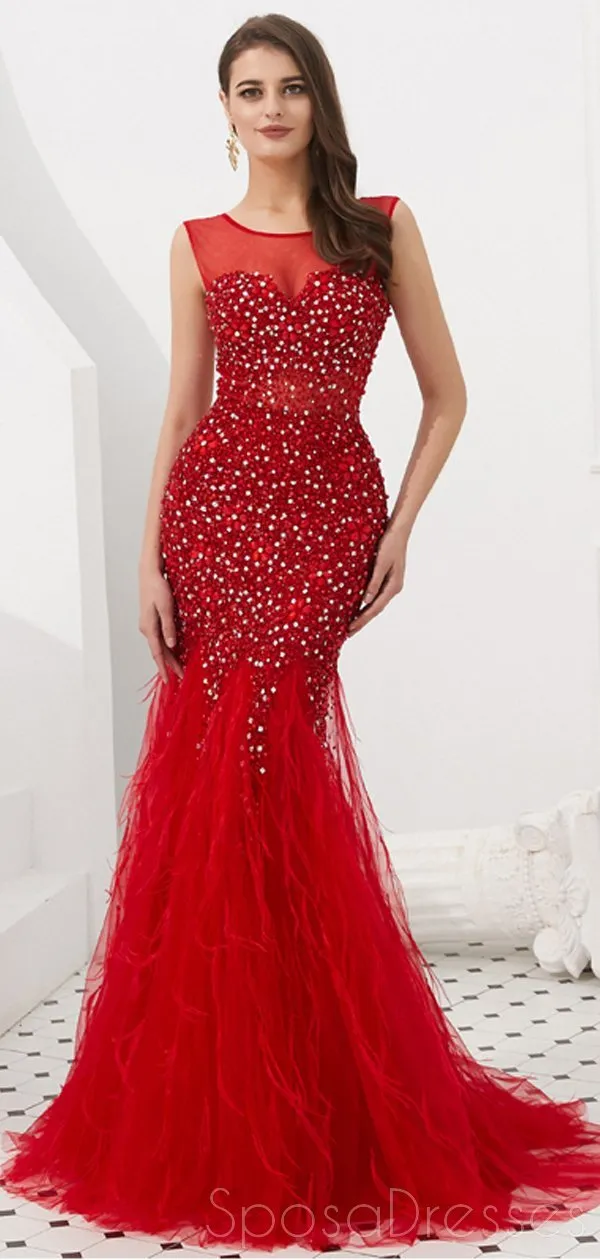 Dark Red Heavily Beaded Feather Mermaid Evening Prom Dresses, Evening Party Prom Dresses, 12098