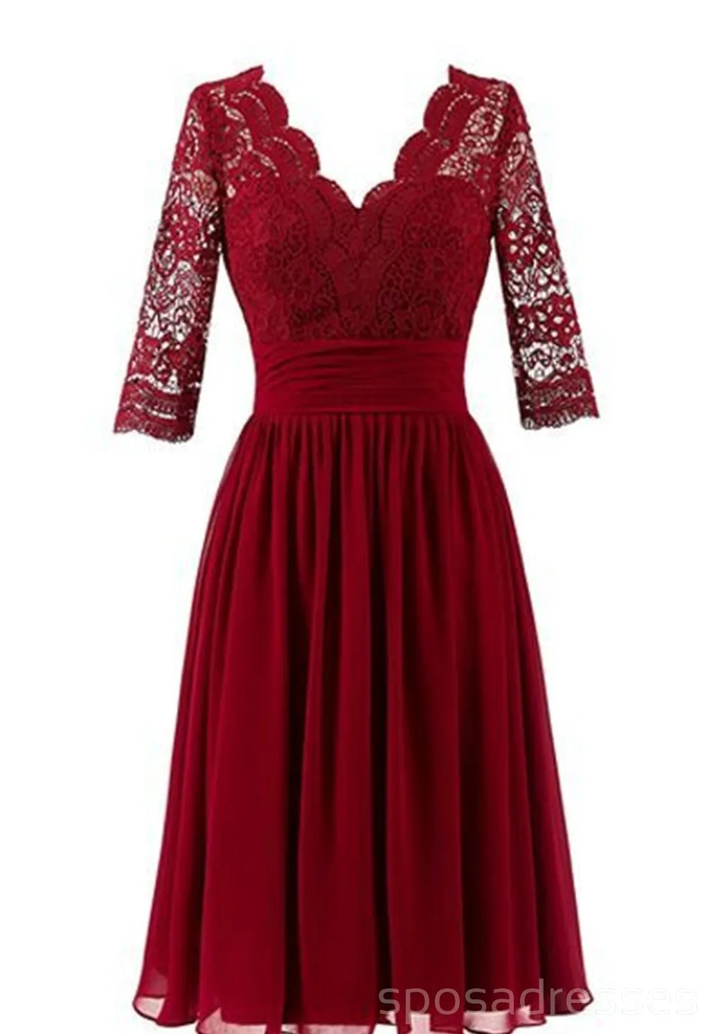 Dark Red Long Sleeve Lace Short Bridesmaid Dresses, Bridesmaid Dresses, BD024