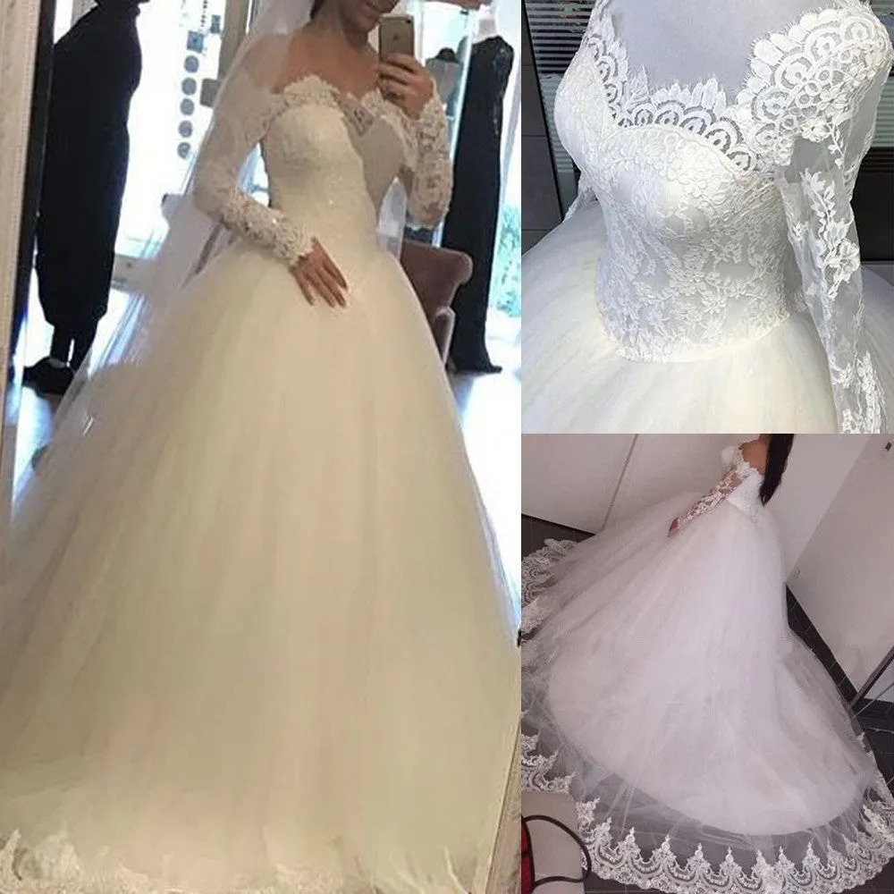 Elegant Long A-line Large Train Sweetheart Off Shoulder Long Sleeve Lace  Wedding Dress, AB1091