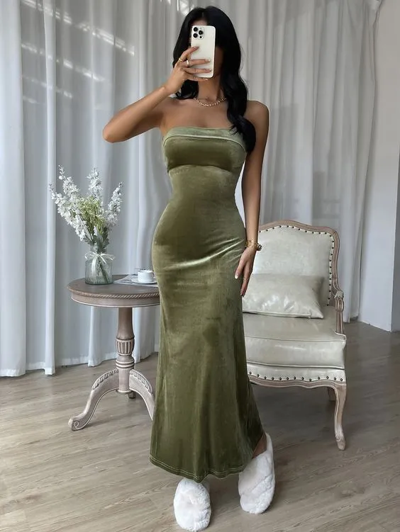 Elegant Mermaid Strapless Velvet Prom Dress Evening Gown SH1252