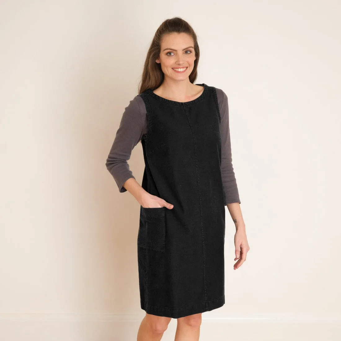 Eva Black Cotton Denim Pinafore Dress | Black