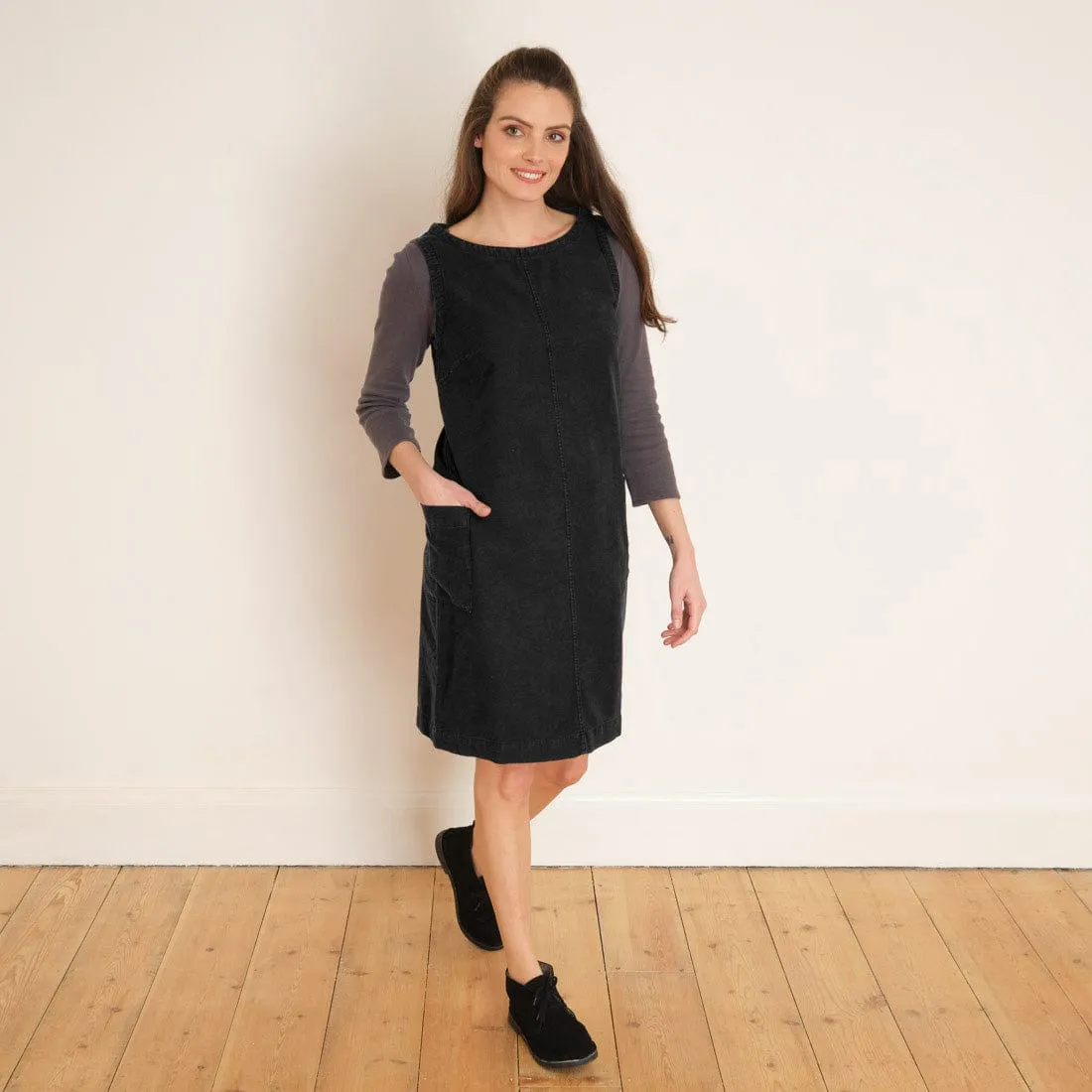 Eva Black Cotton Denim Pinafore Dress | Black