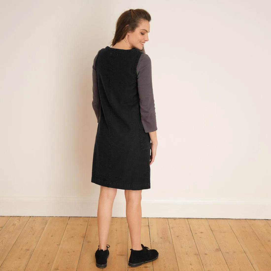 Eva Black Cotton Denim Pinafore Dress | Black