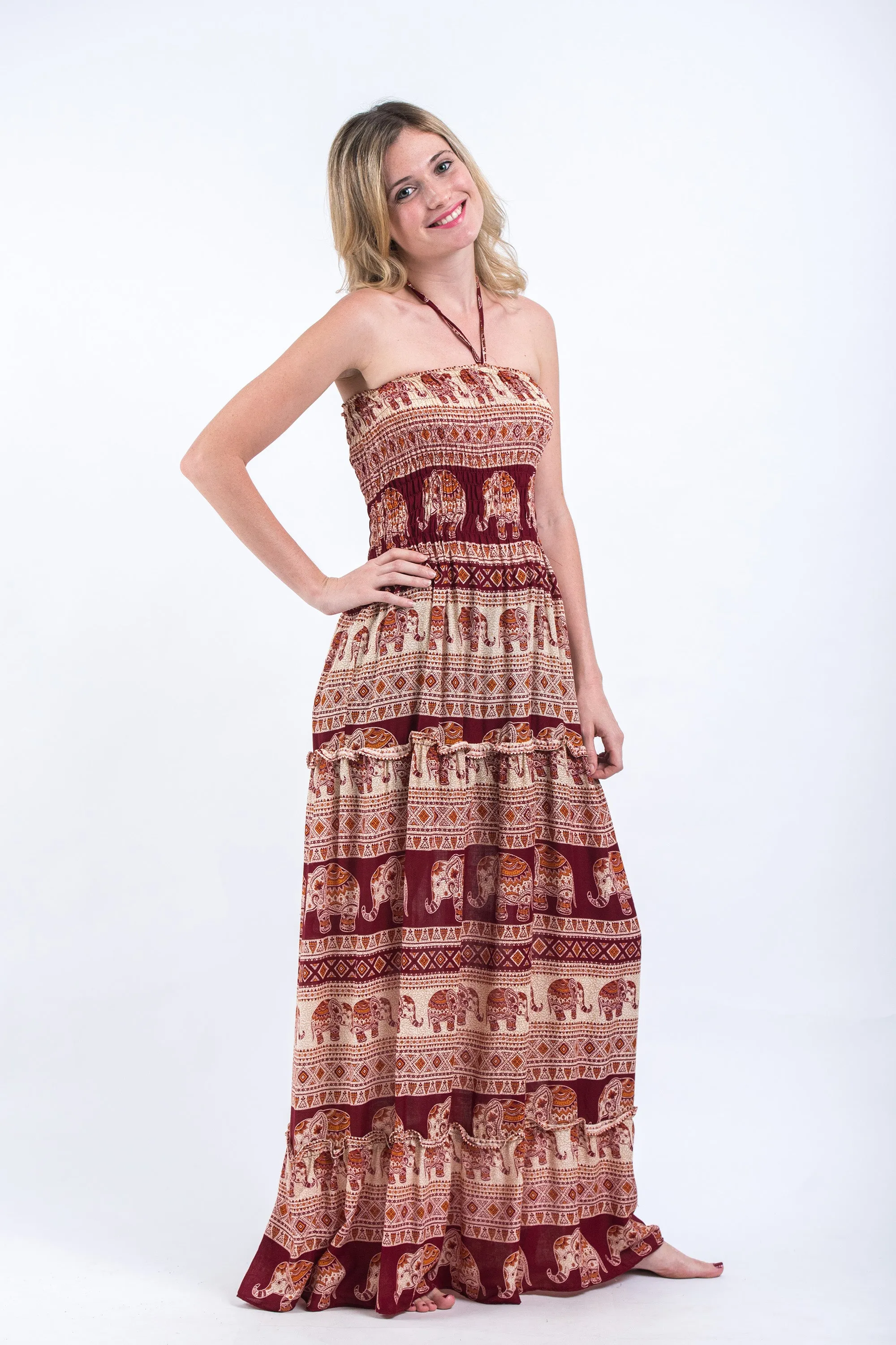 Festive Elephants Smocked Bandeau Maxi Dress in Red