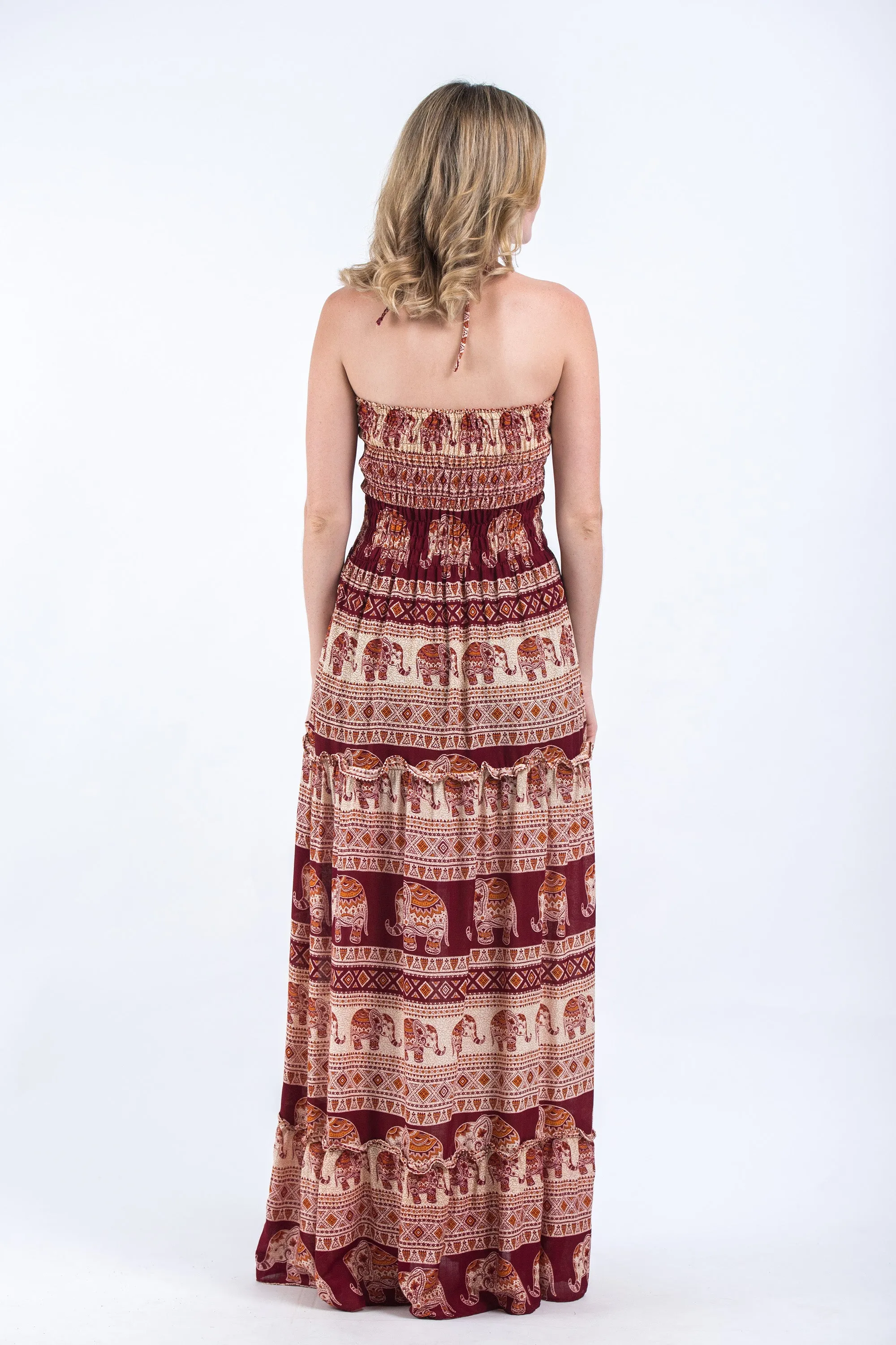 Festive Elephants Smocked Bandeau Maxi Dress in Red