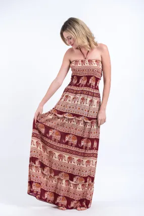 Festive Elephants Smocked Bandeau Maxi Dress in Red