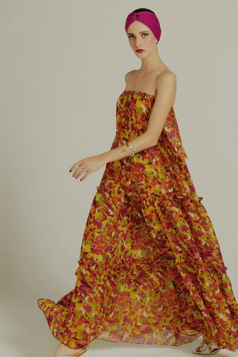 Fruits Print Strapless Midi Dress