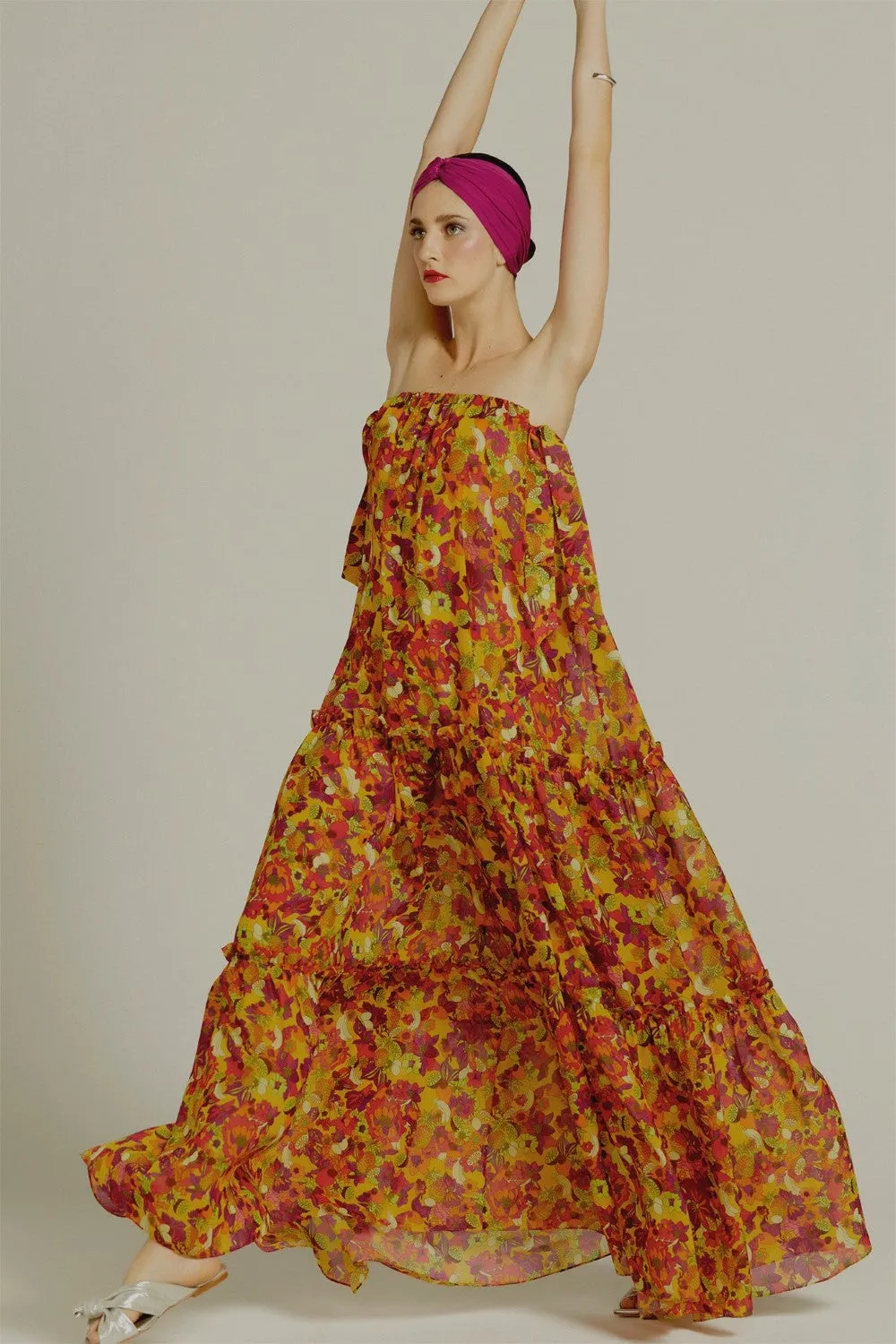 Fruits Print Strapless Midi Dress