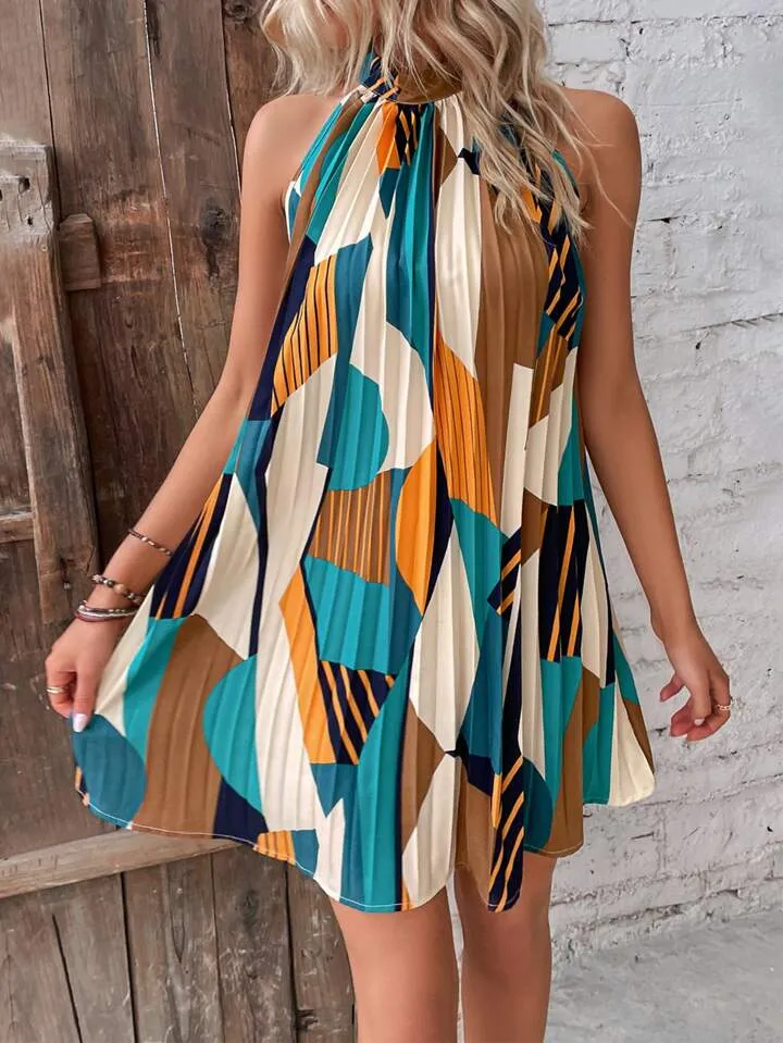 Geo print pleated hem halter dress in orange