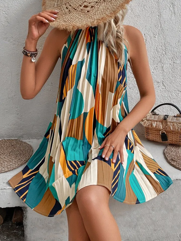 Geo print pleated hem halter dress in orange