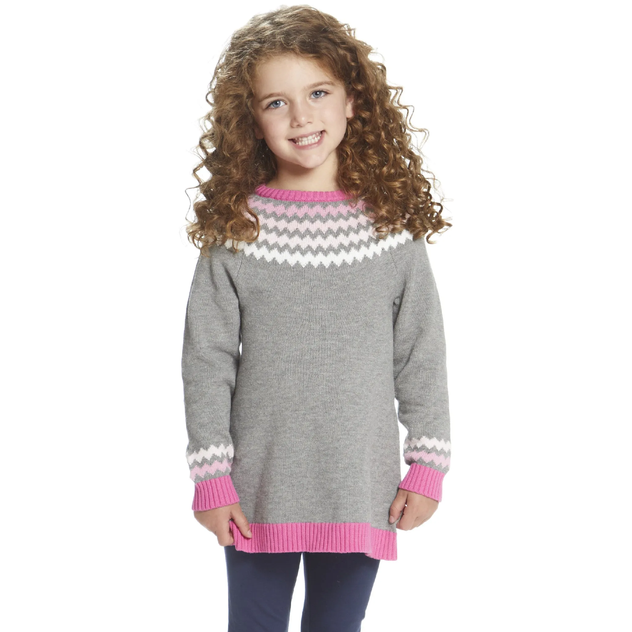 Girls Pink & Grey Fair Isle Sweater Dress