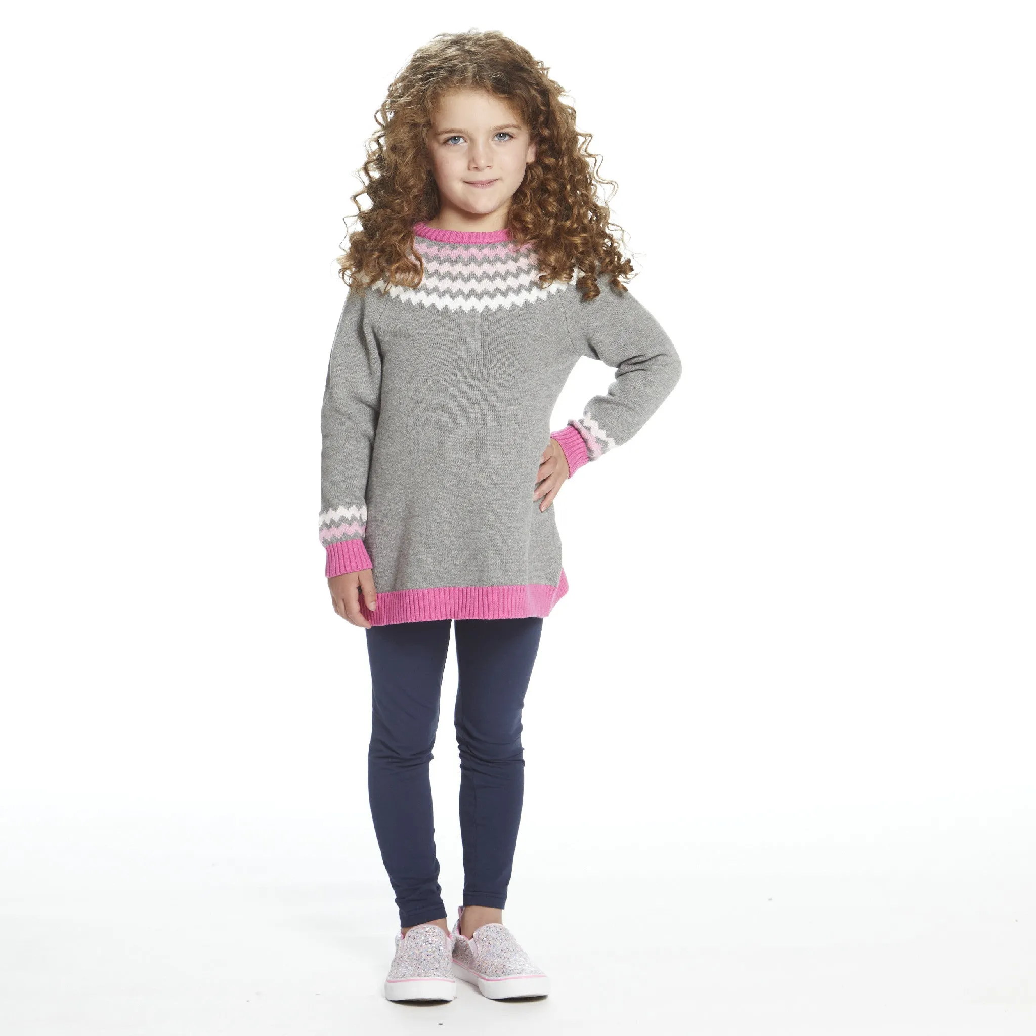 Girls Pink & Grey Fair Isle Sweater Dress