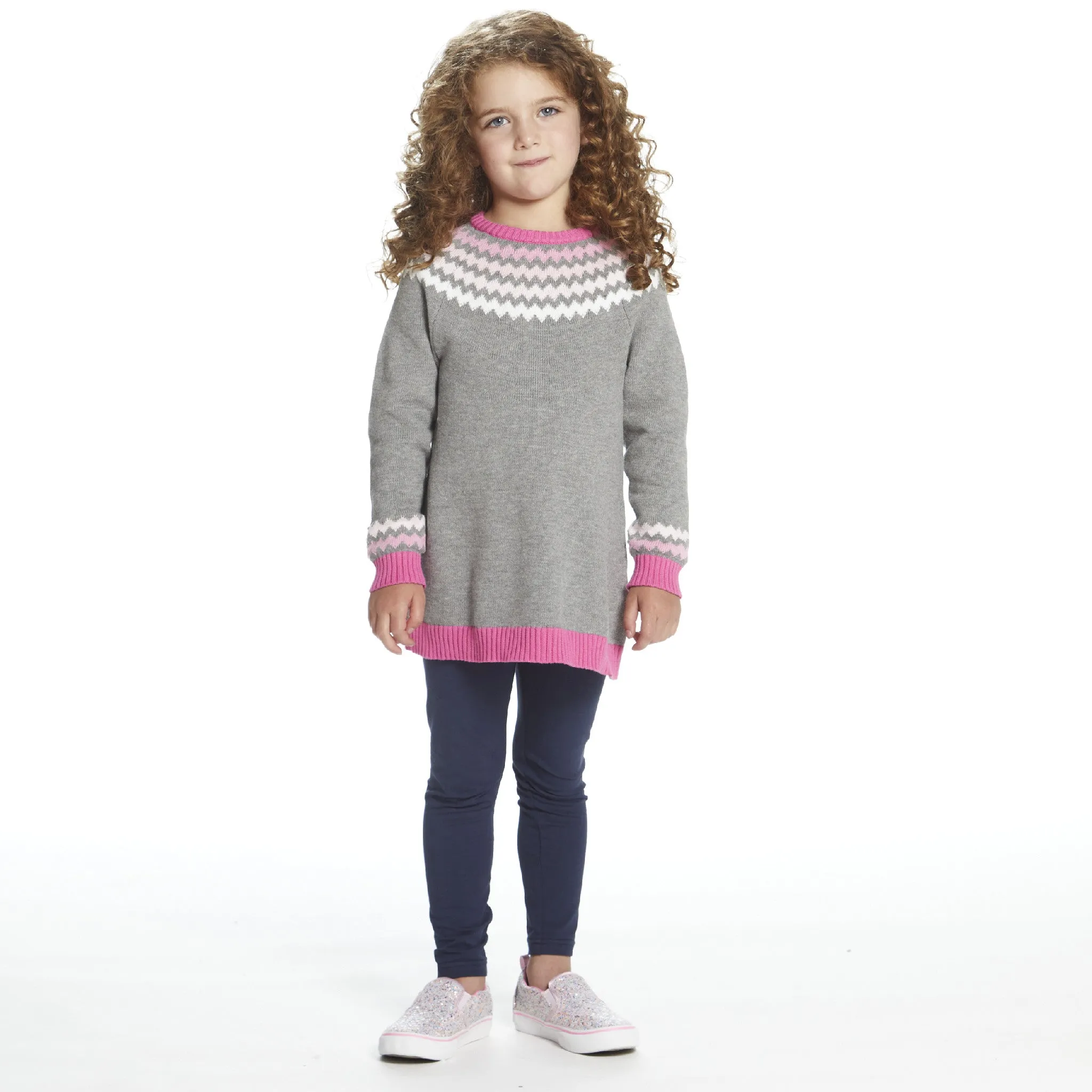 Girls Pink & Grey Fair Isle Sweater Dress