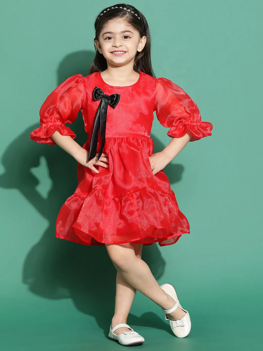 Girls Red Solid Partywear Dress