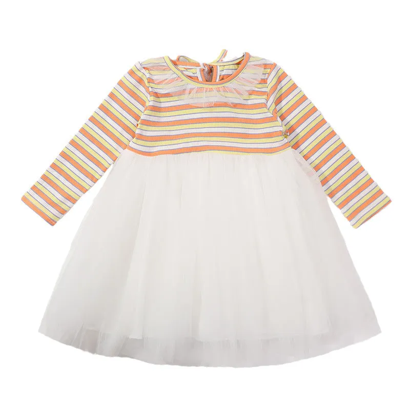 Girls Stripy Full Sleeve Dress White