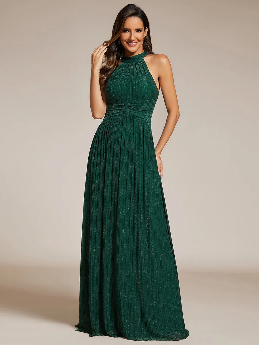 Glittery Halter Neck Pleated Formal Wholesale Evening Dress